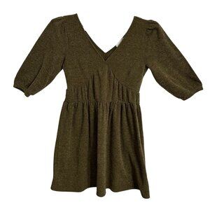 Anthropologie RO+DE Moss Green V-Neck Dress Puff Sleeves Milkmaid Size Small